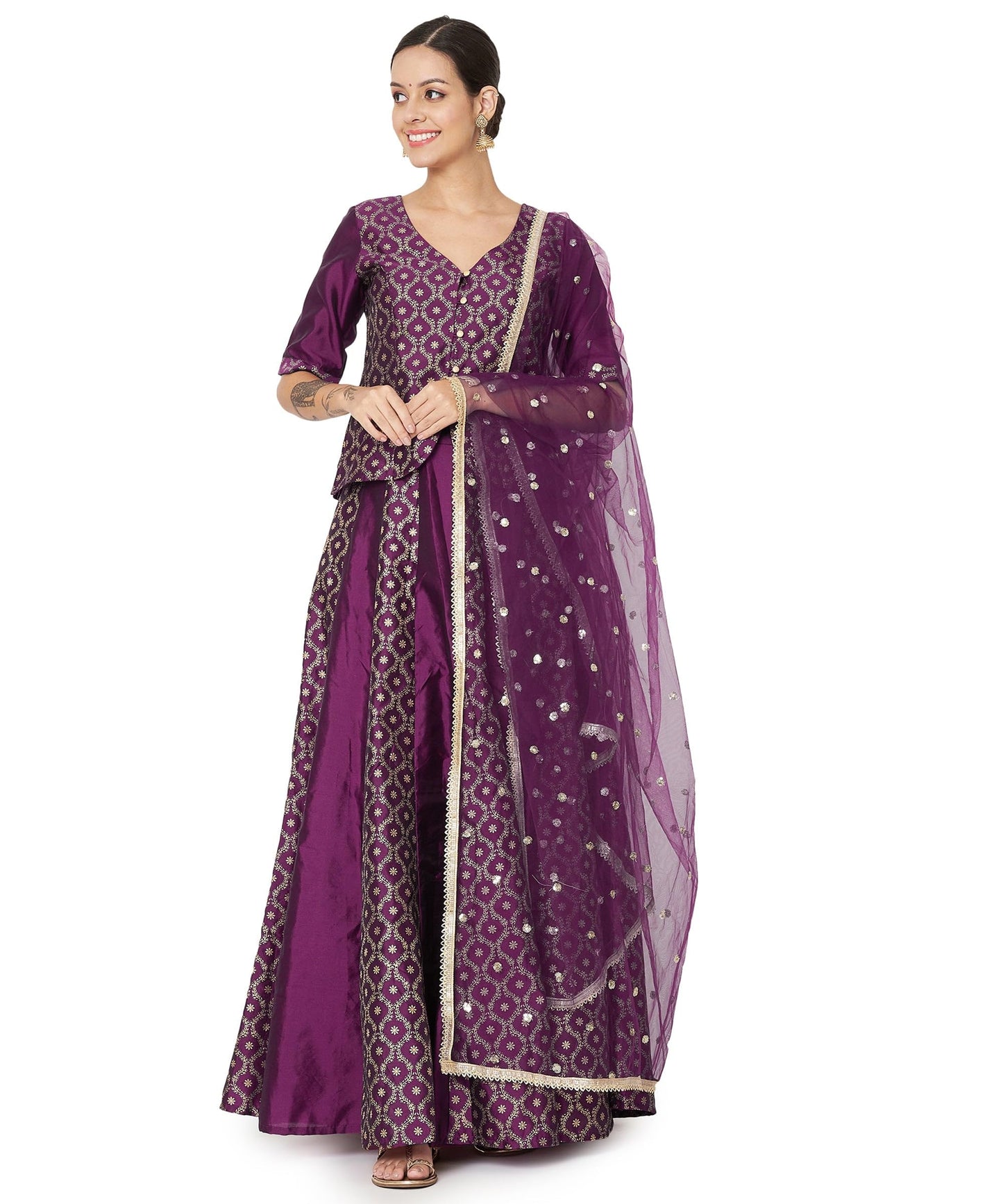 studio rasa Women's Silk Blend Block Printed Kalidaar Lehenga Set for Wedding Festive Party (LHSC52401XL_Purple_X-Large)