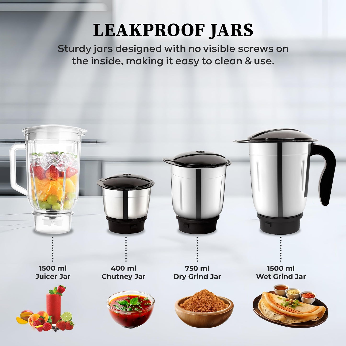 Cadlec JarGenie 4 Jar 750 Watt Mixer Grinder | High-Power Juicer, Blender & Mixer | Durable ABS Body | Multi-Function for Juicing & Blending | 2-Year Warranty