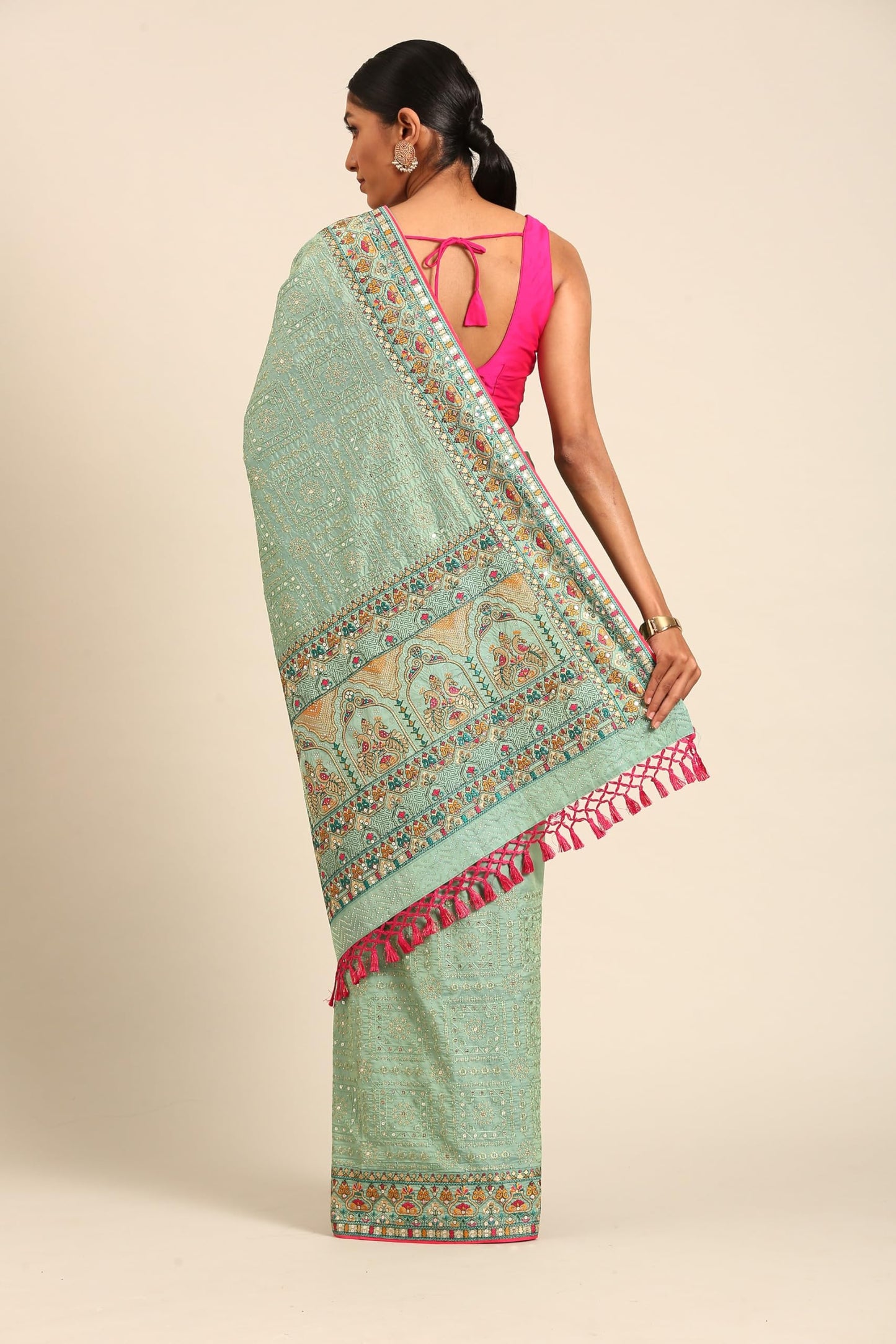 MOHEY Embroidery|Stone Work Saree For Women(Green)
