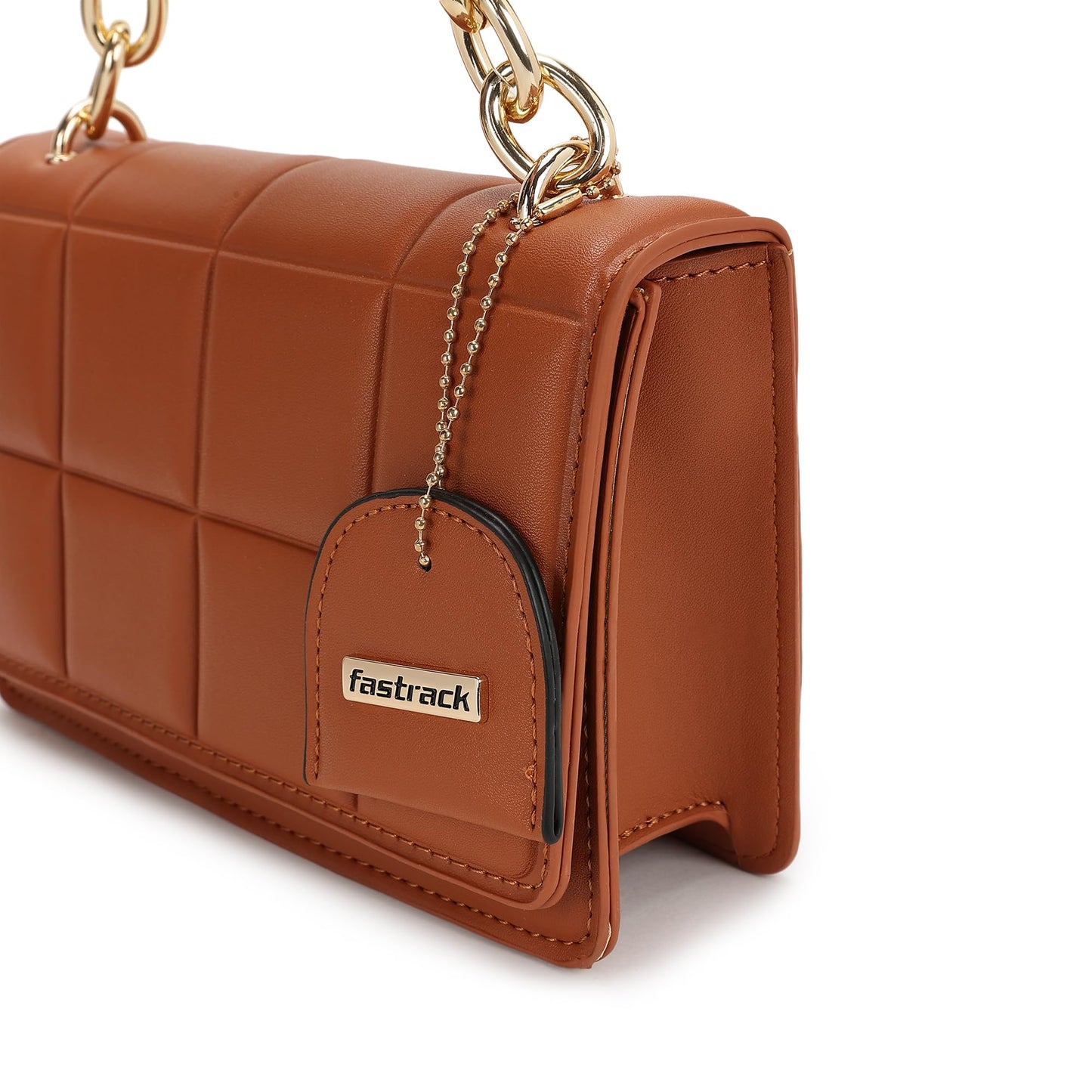 Fastrack Quilted Pattern Sling Bag For Women | Faux Leather Sling With Metal Chain Handle and Adjustable Belt | Flap Closure With Magnetic Lock and Trendy Charm | Trendy Women's Handbags