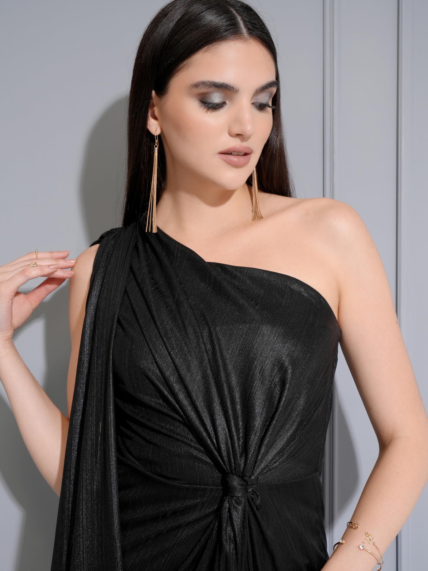 Tokyo Talkies Women Solid Metallic Sheen Drapped Maxi Dress