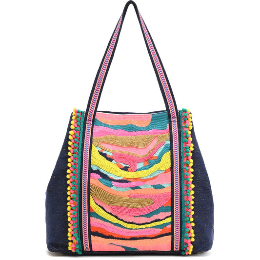 Boho Girl Rainbow Waves Embellished Tote | Hand Beaded Navy Blue Jacquard Tote | Handicrafted Bag for Women | Multicolour Bead Embellished Handbag | Birthday Gifts for Sisters | Handbag for Office