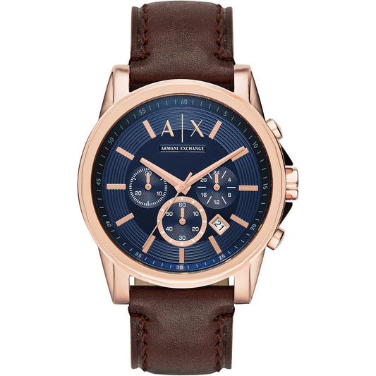 Armani Exchange Leather Outerbanks Analog Blue Dial Men Watch-Ax2508, Brown Band