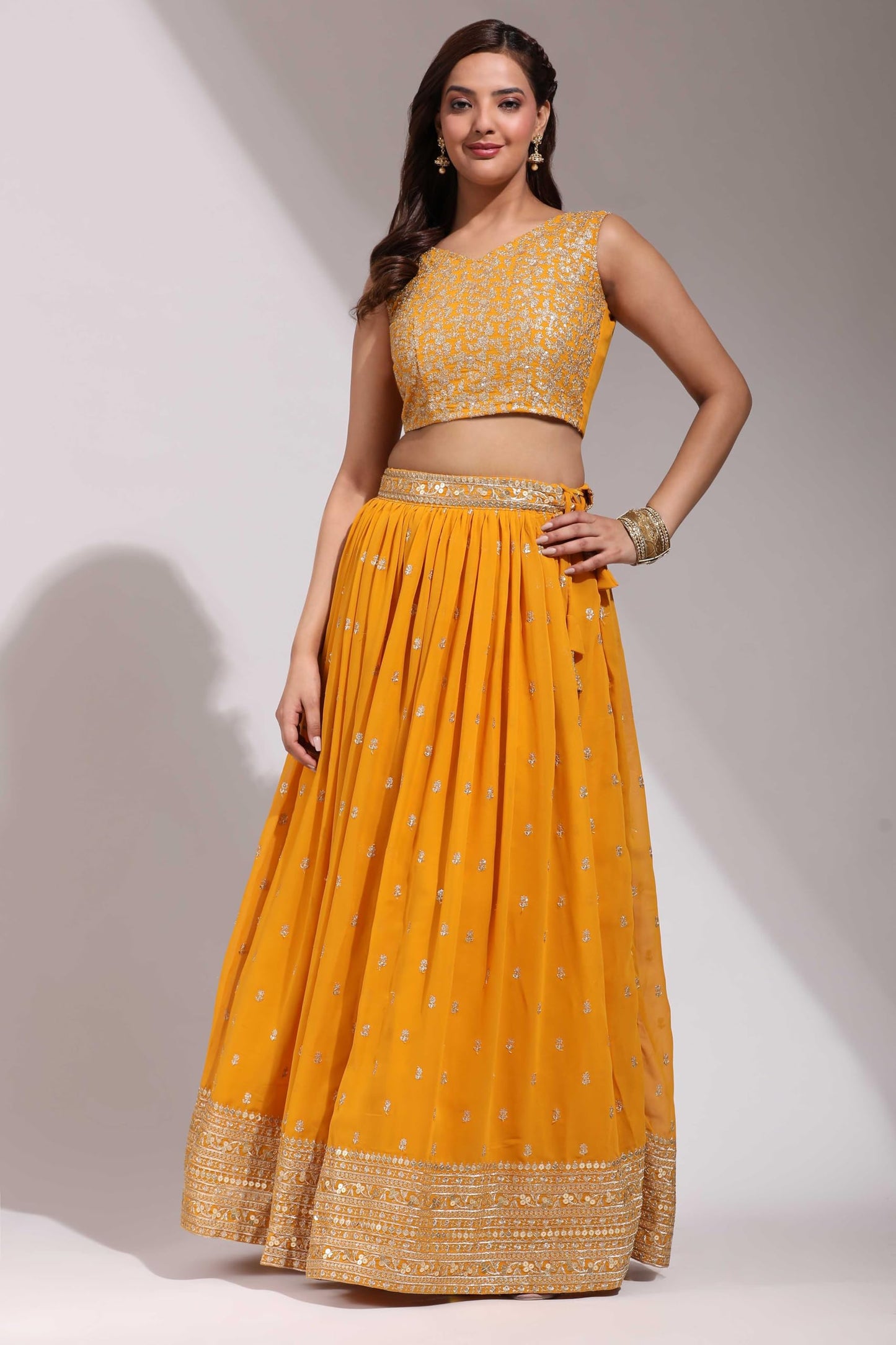 Fabcartz Womens Embroidered Georgette Lehenga Choli with Sequins Work (Yellow)