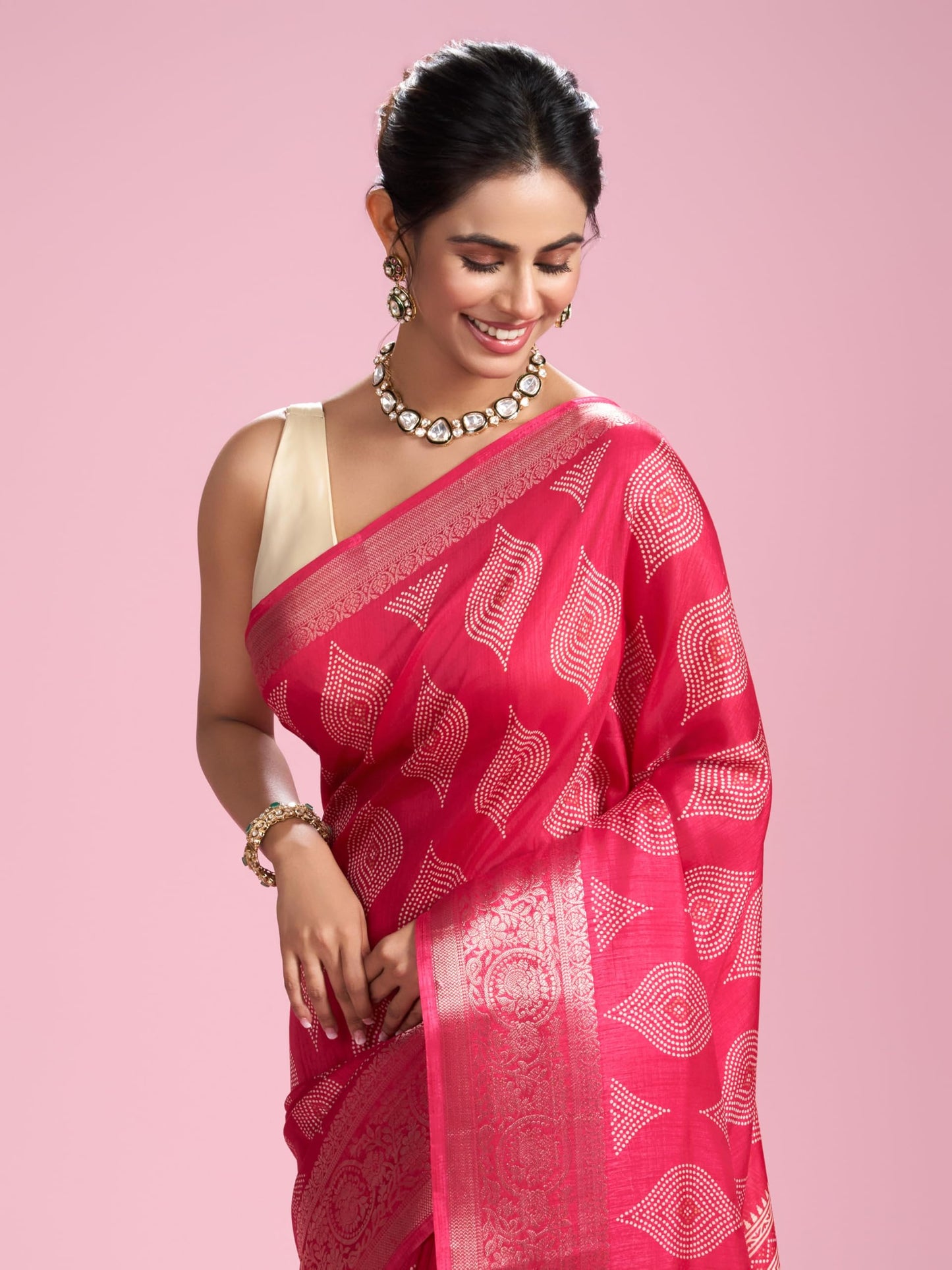 MOHEY Women's Art Silk Printed, Weave Saree with Blouse Piece(Rani)