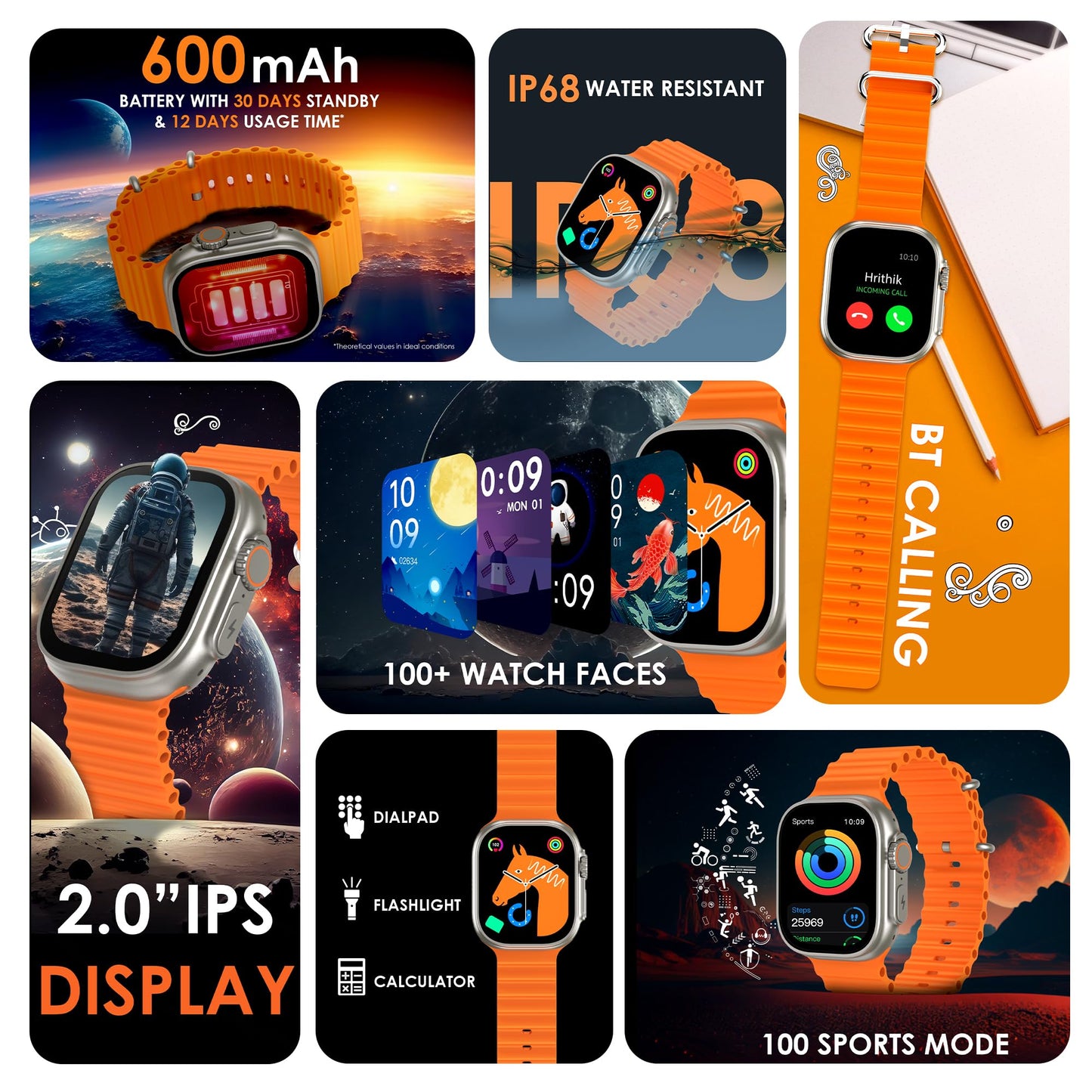 itel ‎2 Ultra 2.0'' HD IPS Display Smartwatch with Bluetooth Calling, 100+ Watch Faces, Upto 30 Days Battery, 100 Sports Mode, IP68 Water Resistant, Heart Rate Monitoring and SpO2 (Orange)