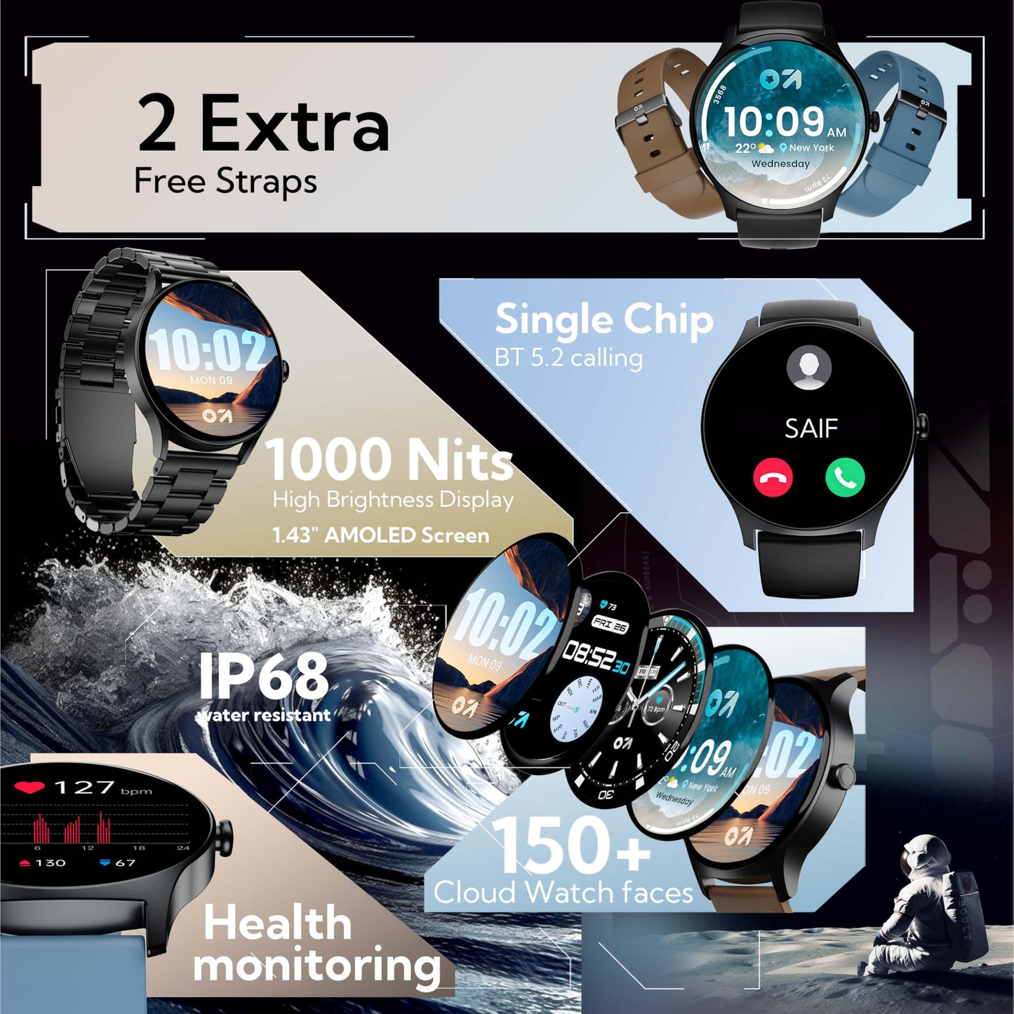 GOBOULT Rover Pro Smart Watch 1.43'' AMOLED, Free Straps, Bluetooth Calling, IP68, Zinc Alloy Frame, 1000 Nits Brightness, AI Voice Assistant, SpO2, 120+ Sports Mode Smartwatch (Metal Black)