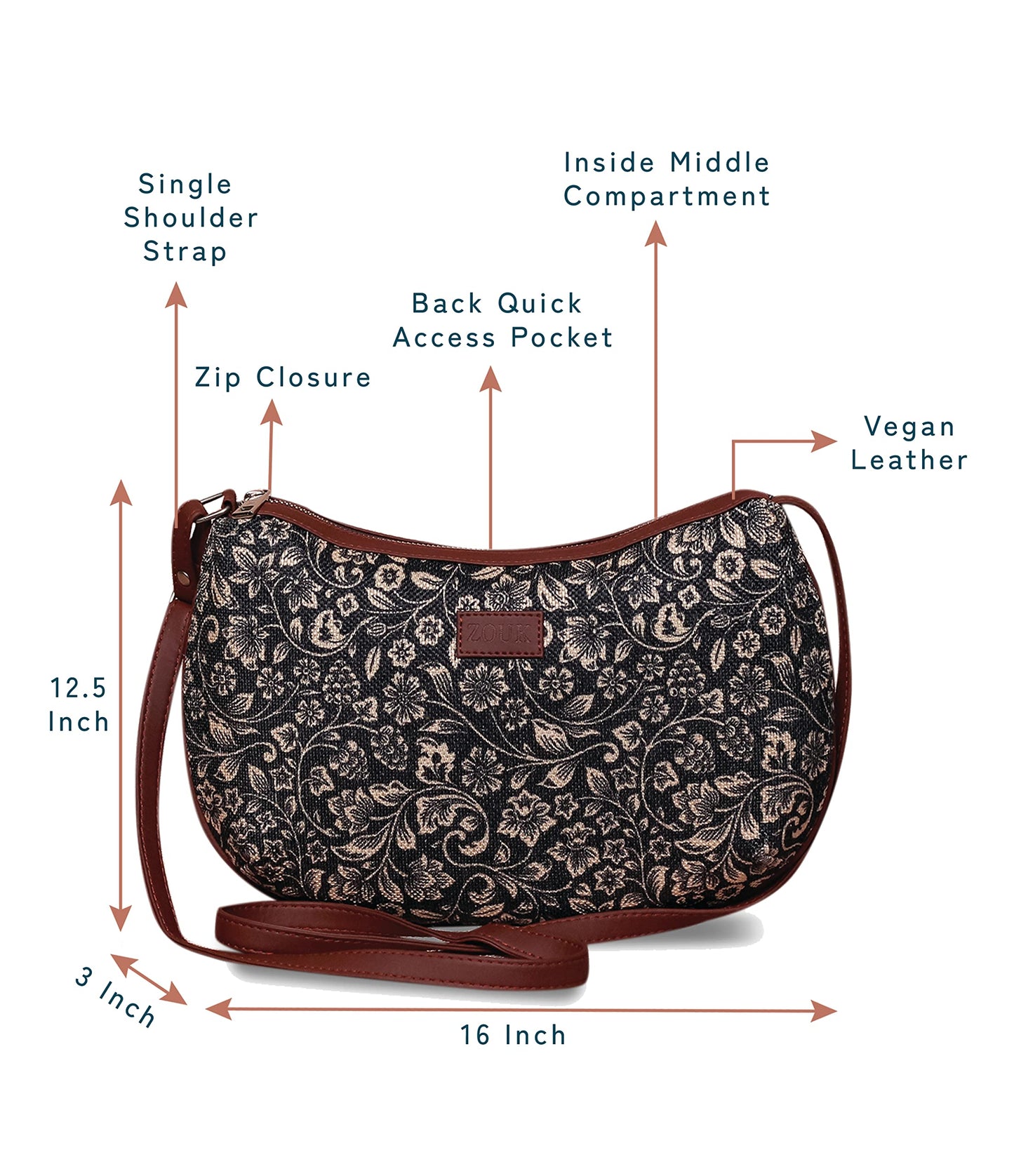 ZOUK 100% PeTA Approved Vegan Leather FloMotif Print Shoulder Bag for Women