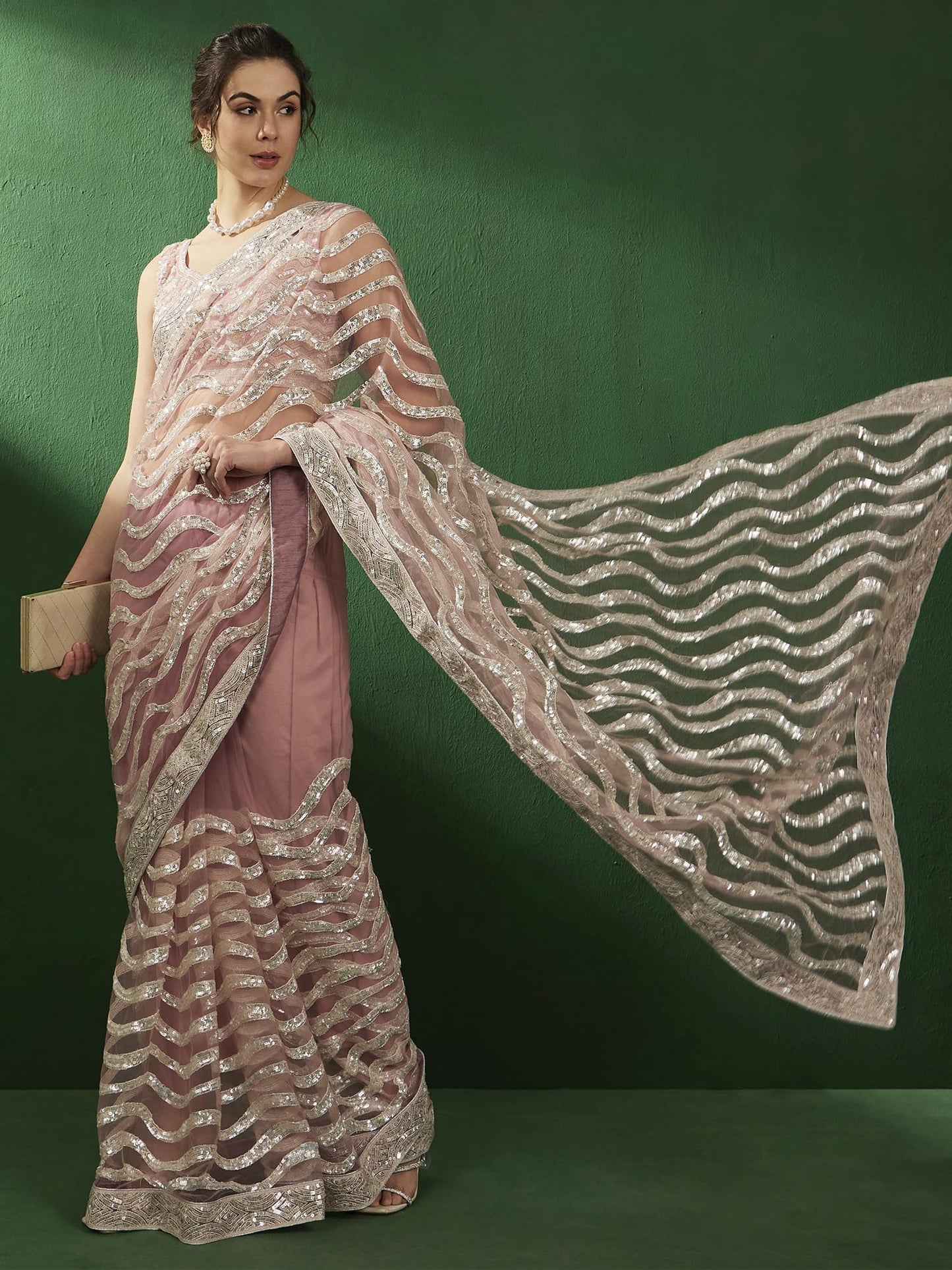AKHILAM Women's Net Embellished Saree With Unstitched Blouse Piece(Pink_VEDNSHI2294A_VD)
