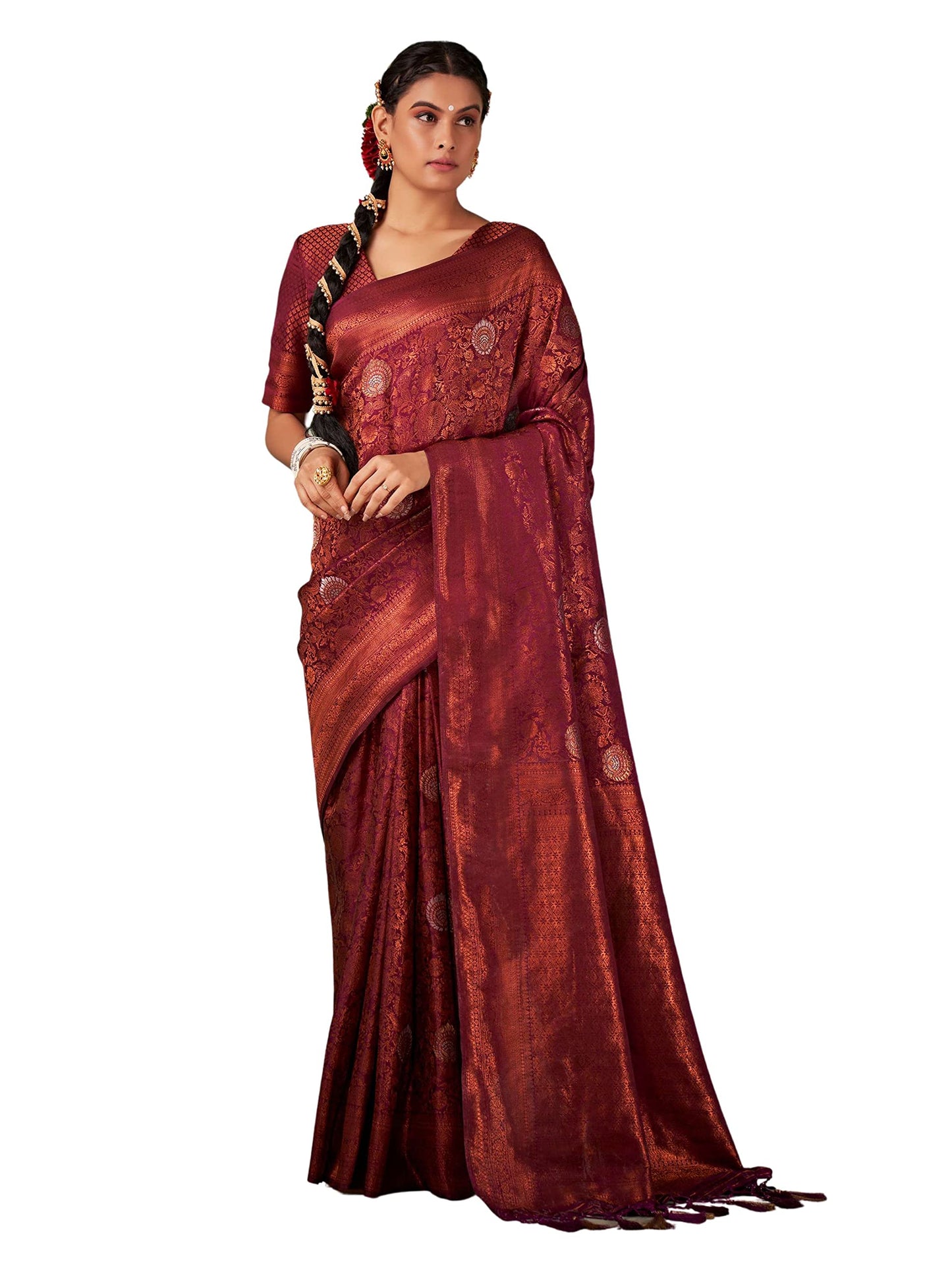 Vardha Women's Kanchipuram Art Silk Saree with Unstitched Blouse Piece - Copper Zari Woven Work Sarees for Wedding (Anvaya_550)