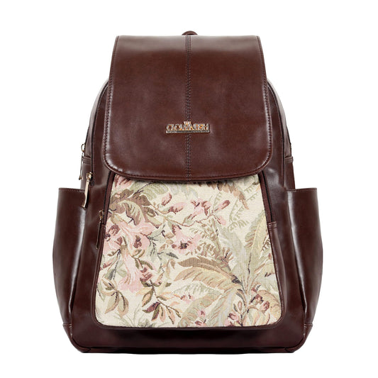 THE CLOWNFISH Minerva Faux Leather & Tapestry Women's Standard Backpack College School Bag Casual Travel Standard Backpack For Ladies Girls (Navyblue- Floral), 10 Litre