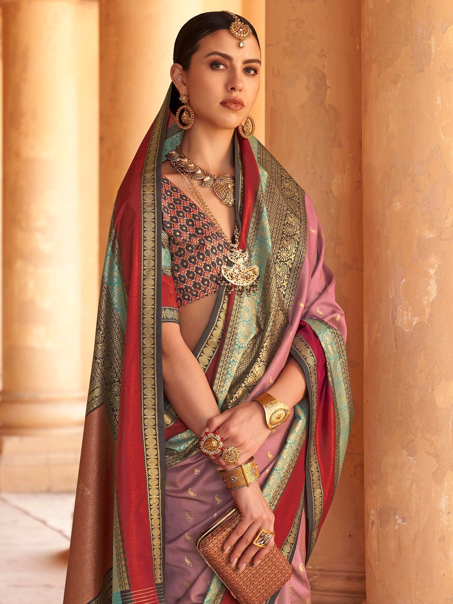 SAREE MALL Women's Woven Design Peacock Print Silk Blend Saree with Unstitched Blouse Piece (Mauve_PRASANG770_RW)