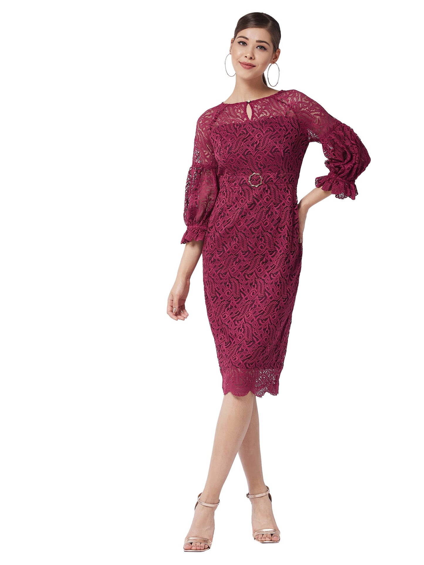 Miss Chase Women's Maroon Round Neck Puff Sleeve Floral Lace Overlaid Midi Dress(MCAW21D13-47-143-05,Maroon,L)