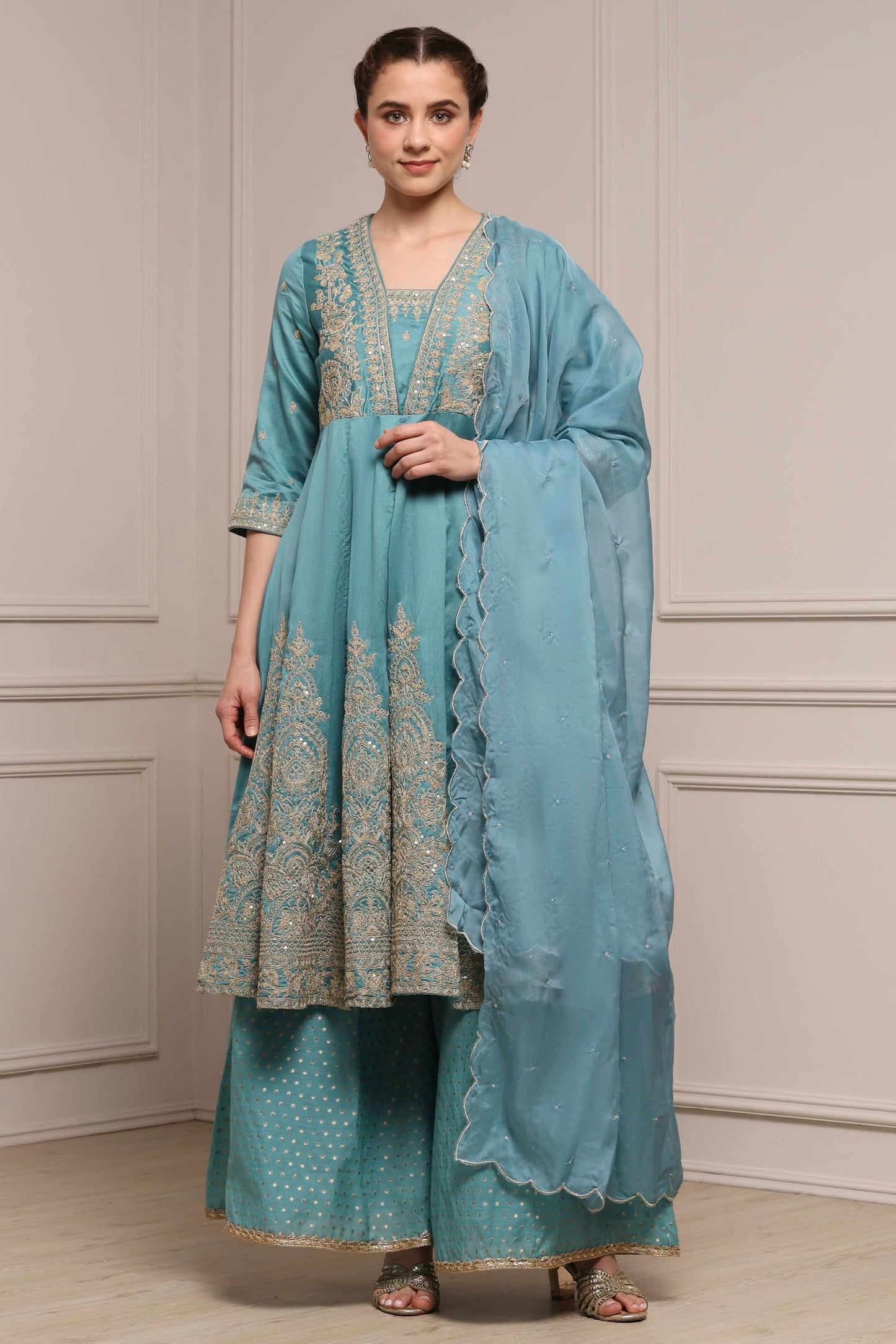 Biba Women Blue Silk Chanderi Anarkali Suit Set_34