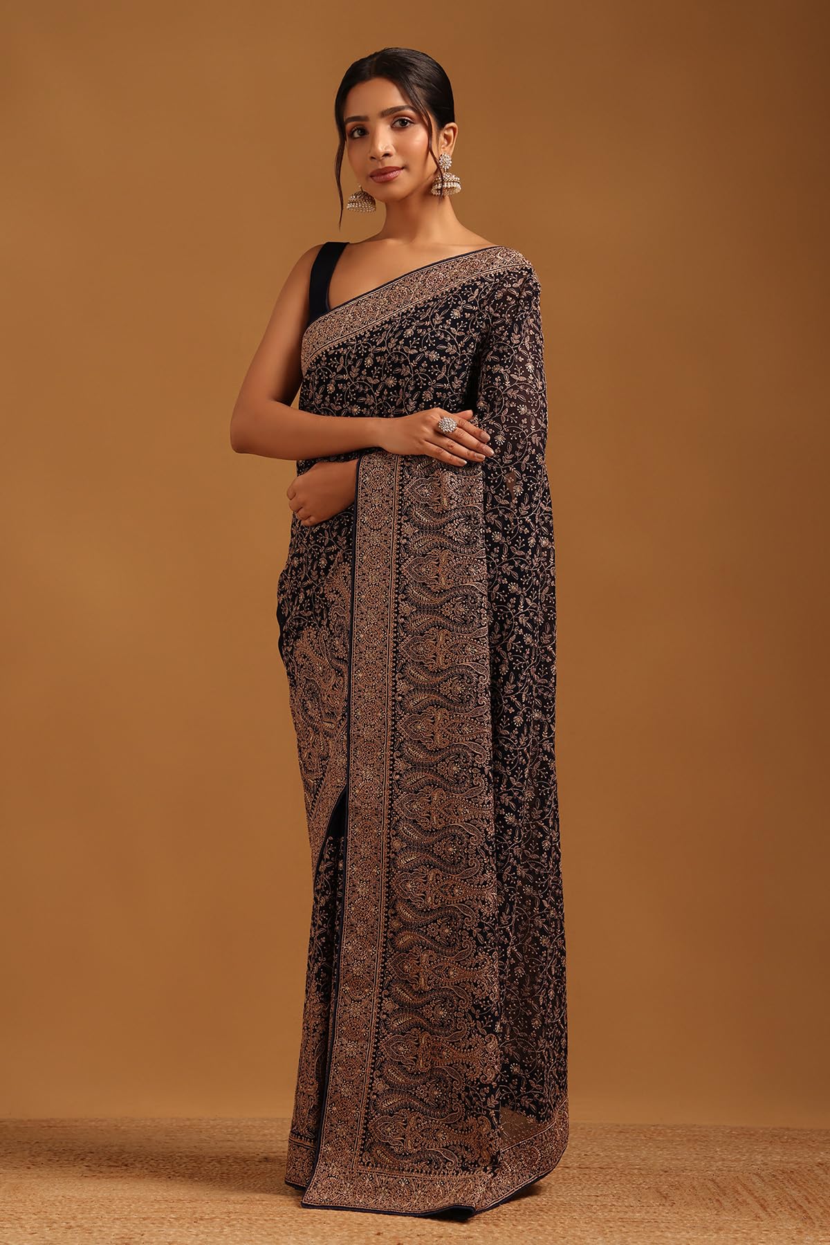 Soch Womens Navy Blue Georgette Botanical Saree With Stone Work