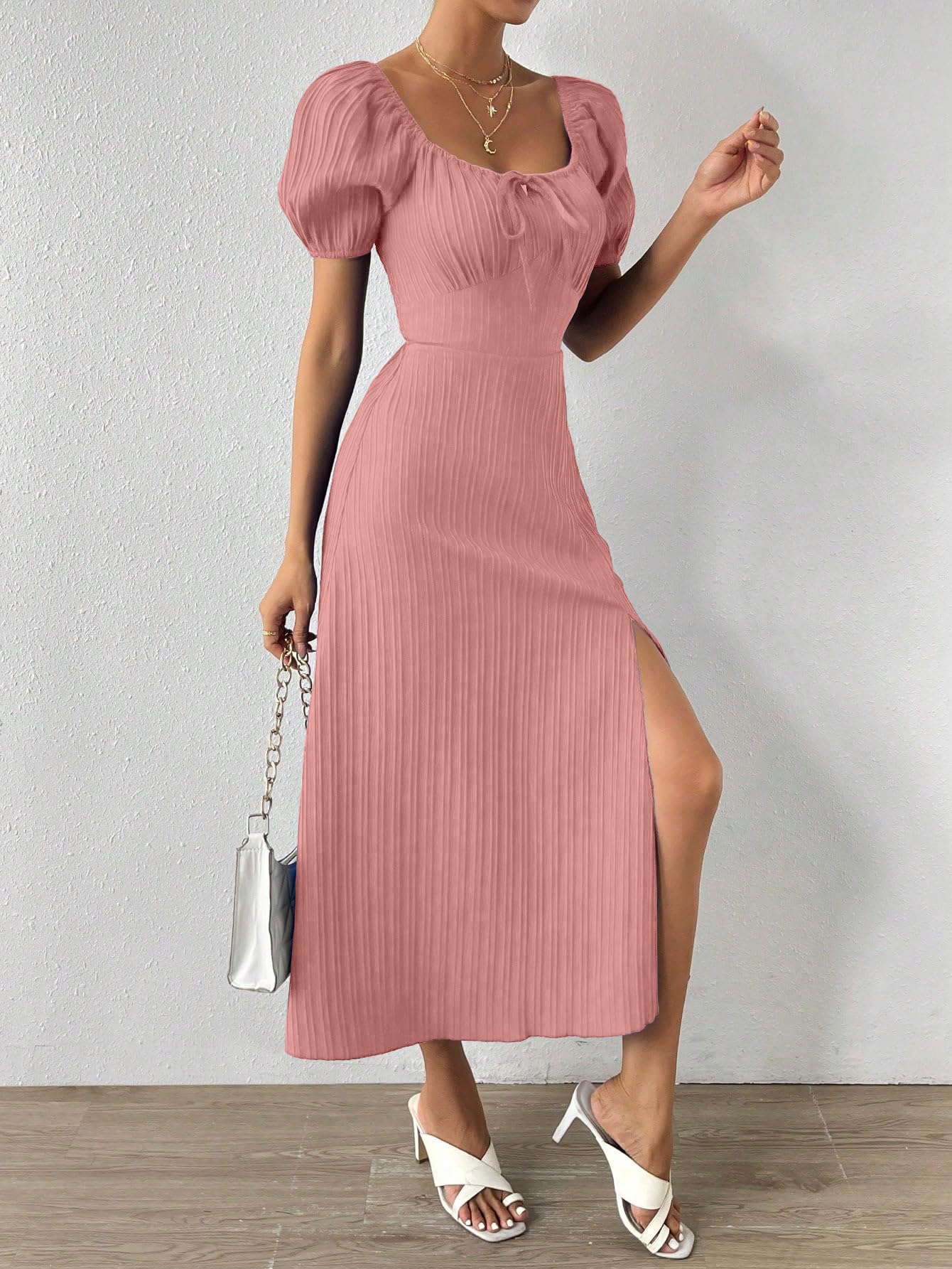 Shasmi Women's & Girl's Peach Tie Front Split Thigh Milkmaid Maxi Dress – Square Neck Puff Sleeve A-Line Long Dress, Elegant Casual & Parties Wear for Ledies (Dress 245 Peach-XL)