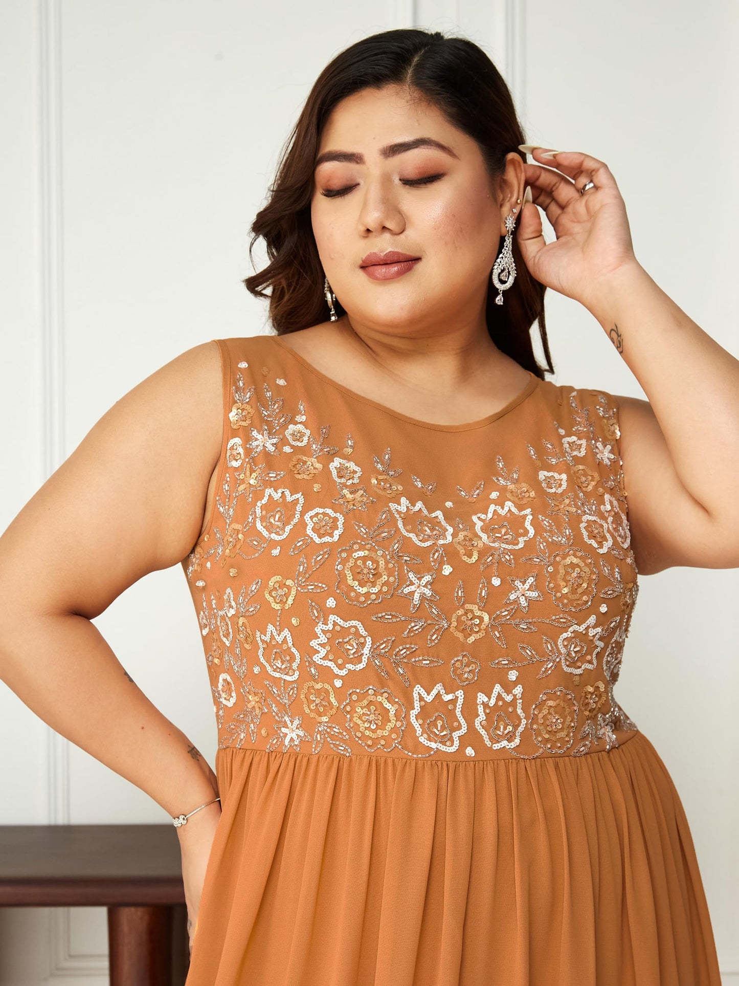 Miss Chase A+ Women's Boat Neck Sleeveless Embroidered Georgette Gathered Maxi Dress (APSS22D16-18-284-07, Dusty Orange, 2XL)