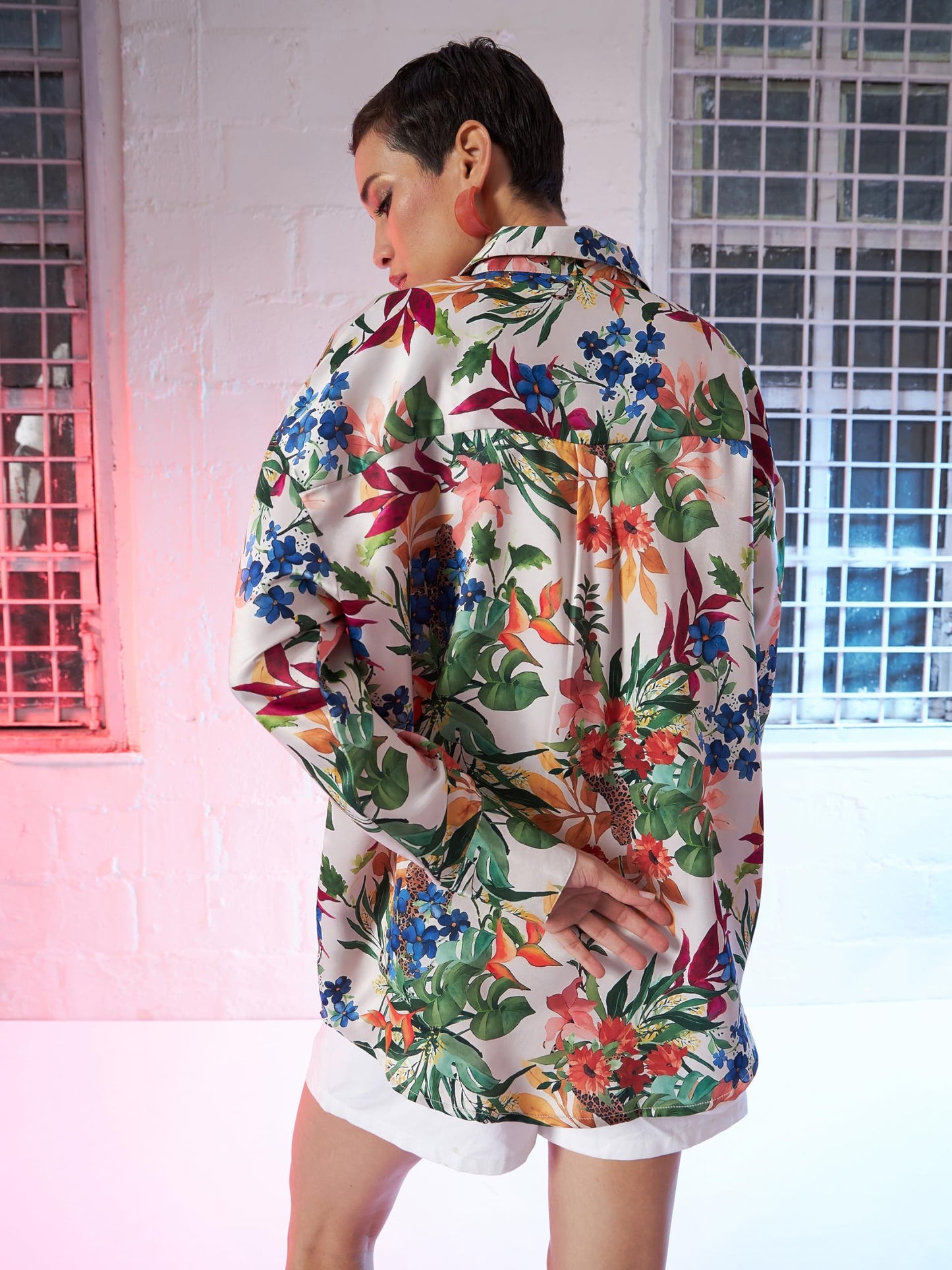 SASSAFRAS Beige Satin Floral Oversized Shirt