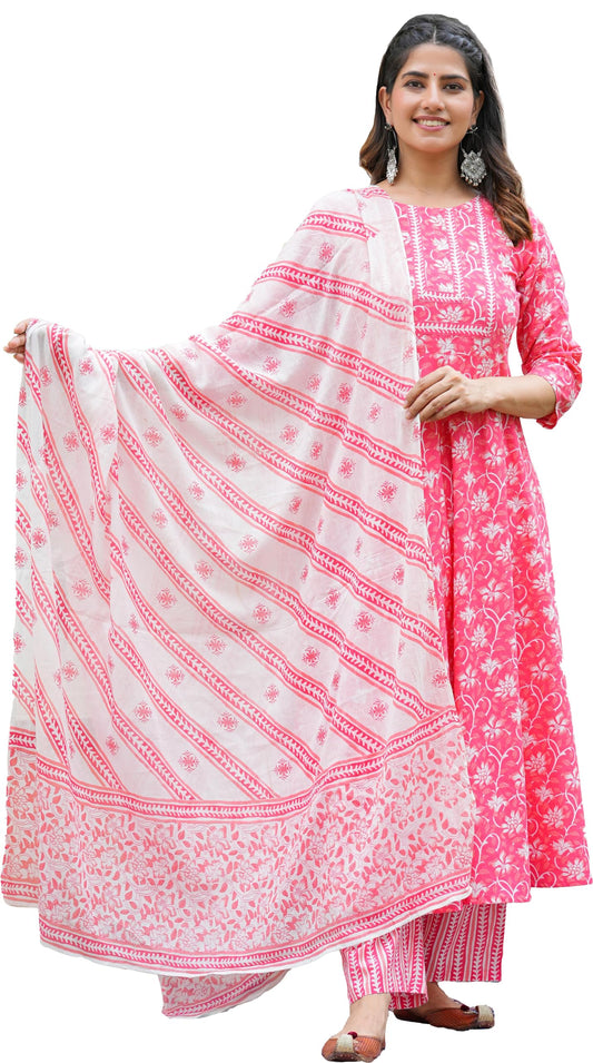 Yash Gallery Women's Cotton Floral Printed Anarkali Kurta with Pants & Dupatta Set (5XL, Pink)