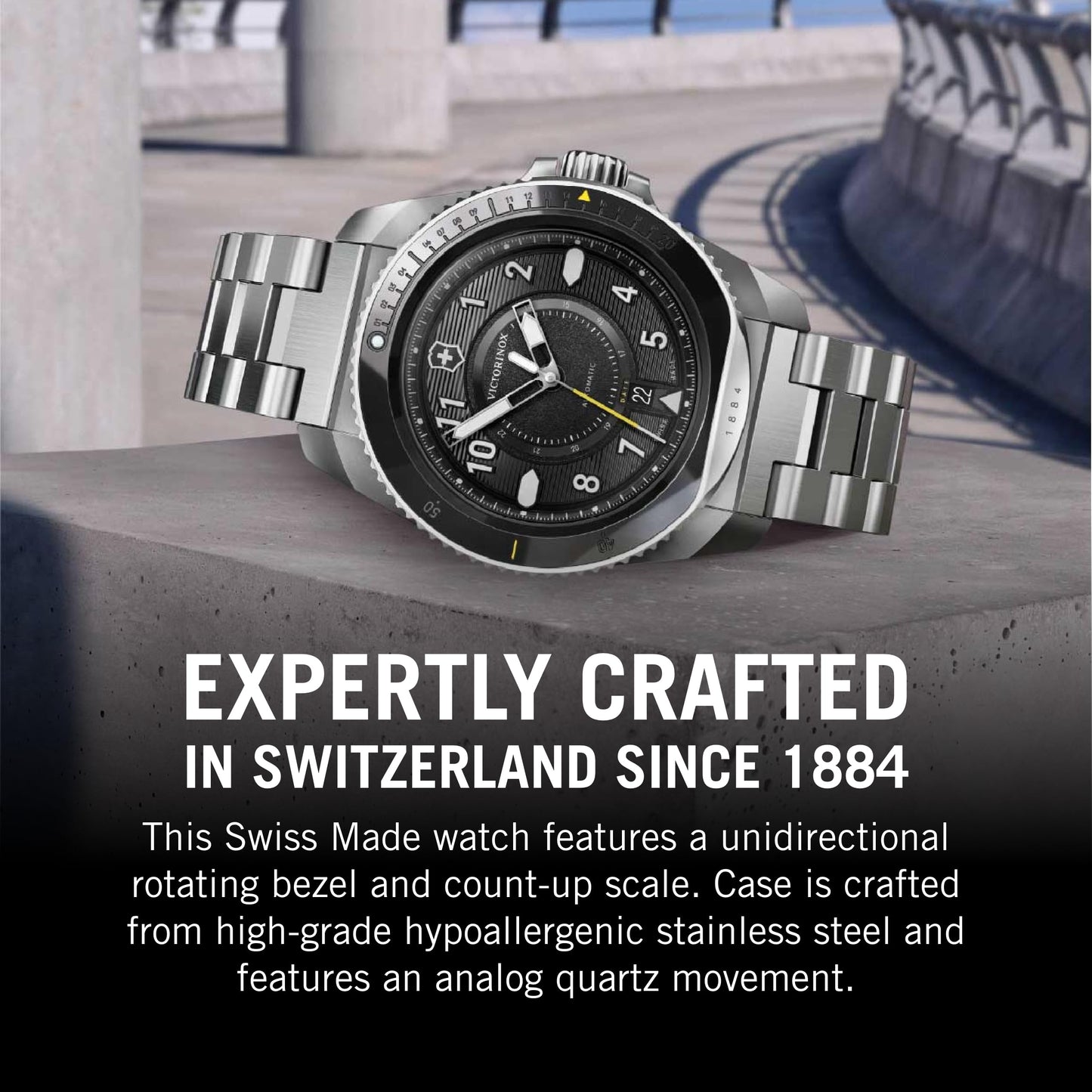 Victorinox Stainless Steel Journey 1884, Automatic Swiss Made Men's Analog Watch, Black Dial, 43 Mm, Water Resistant Up To 200 M, Sellita Sw 200-1 Movement, Wrist Watch For Men | 241981,Silver Band