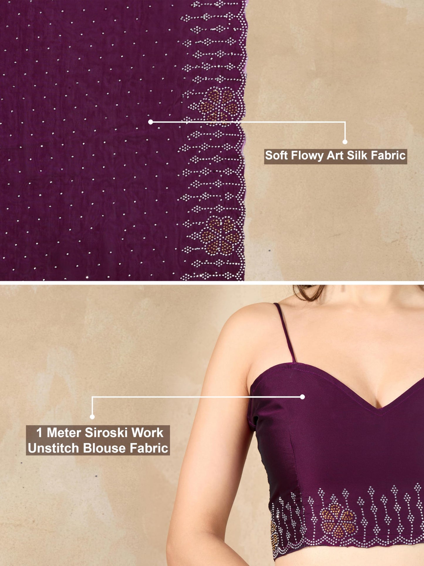 TRENDMALLS Women's Silk Siroski Work Saree with Unstitch Blouse Piece (K1155-Purple)