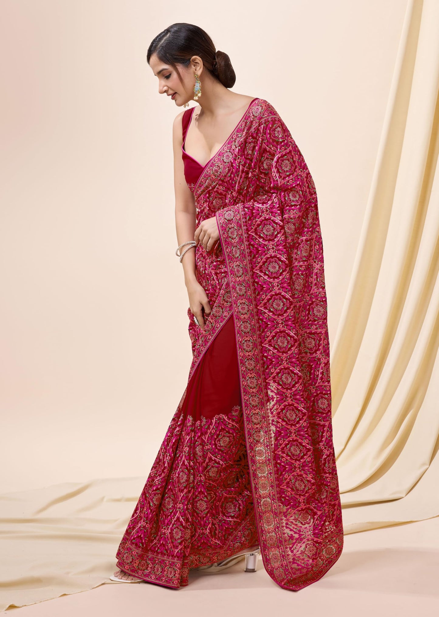 TRENDMALLS Women's Vichitra Silk Embroidery Work Saree with Unstitch Blouse Piece (K1088-Red)