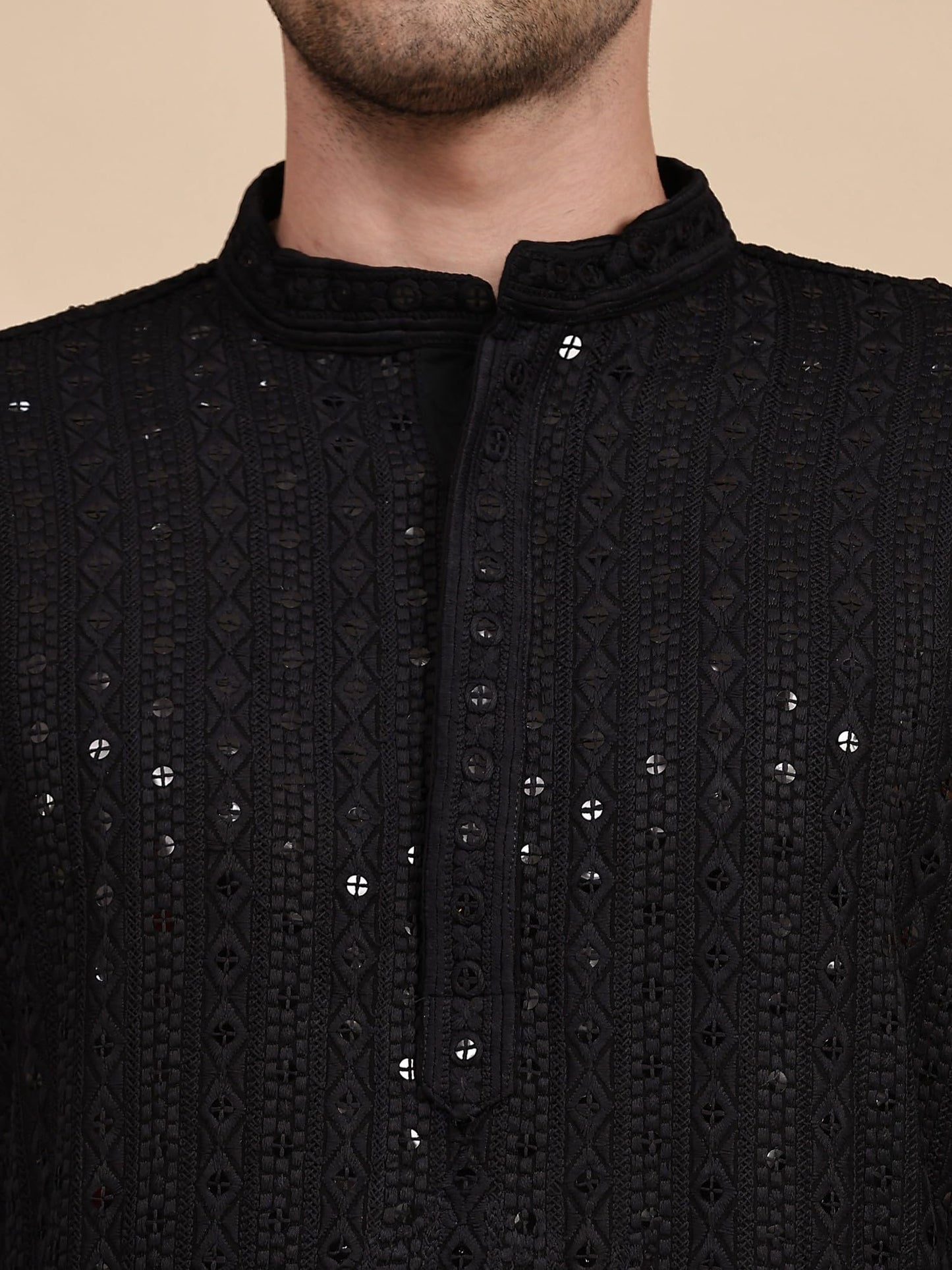 SKAVIJ Men's Viscose Rayon Embroidered Kurta Pajama Set Sequined Woven Design Festive Party Dress (KP137black_Black_XL)