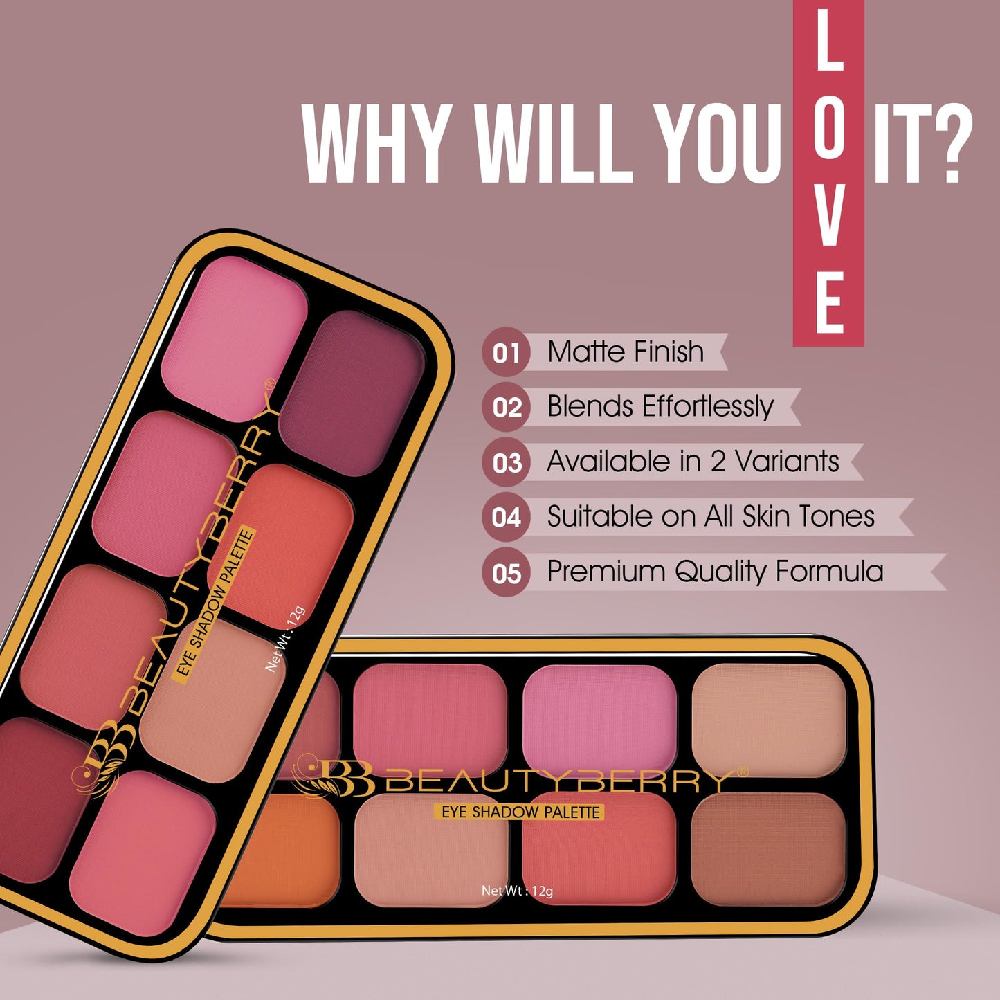 Beauty Berry Matte Eyeshadow & Blusher Palette | 8 Highly Pigmented & Blendable Shades | One Swipe Application, Lightweight & Long Wearing Eyeshadow Palette for Eye Makeup (Shade - 02)