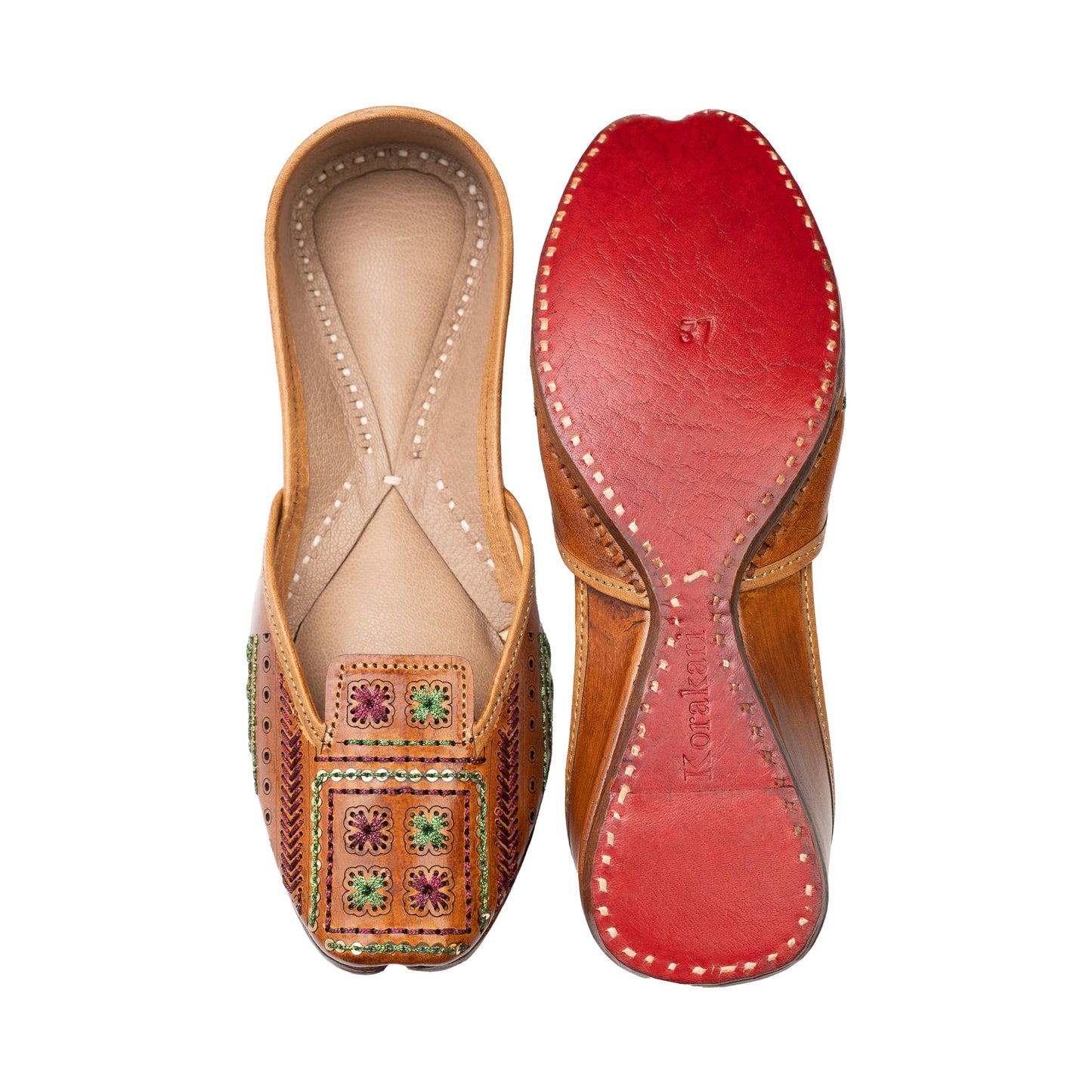 KORAKARI Women's Genuine Leather Traditional Ethnic Artsy Tan Handmade Punjabi Jutti, Leather Flat Comfortable Mojaris for Girls (Size: UK4, Tan)