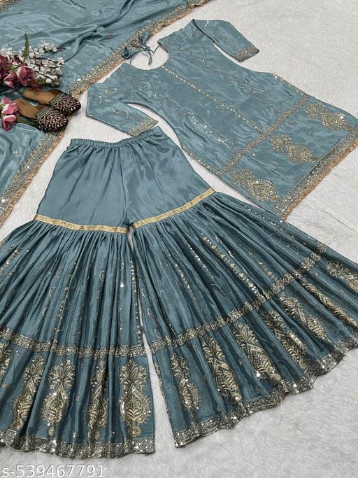 Heavy Embroidered Aque Blue Sharara Set for Women: Elegant Party & Festive Outfit