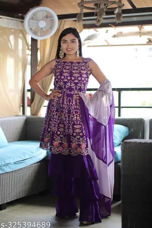 Miss Ethnik Women’s Purple Color Full Stitched Faux Georgette Top and Palazzo with Santoon Inner and Faux Georgette Dupatta Embroidered Kurta Palazzo Set (164-Purple)