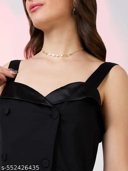 Globus Women Black Neck Strappy Sleeves Double Breasted Workwear Jumpsuit