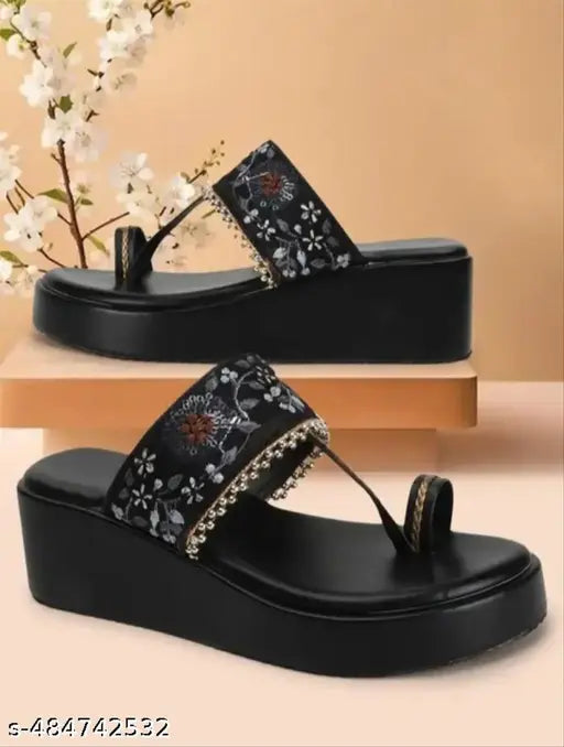 SAHU BROTHER...black platform sandals/floral embroidery/casual footwear/summer sandals/stylish flip flop/comfortable sandals/trendy footwear/fashionable summer slippers for women and girls chic sandals/elegant wedges heels for ladies partywear heel sandal