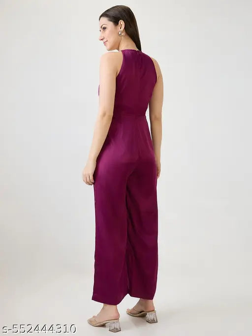 Globus Women Burgundy Satin Halter Neck Wide Leg Party Jumpsuit