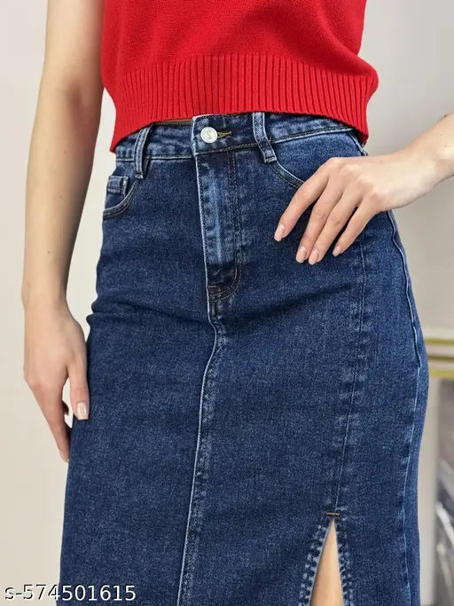 CORAL Women’s High-Waist A-Line Denim Skirt with Front Slit – Stylish Casual Midi Skirt with Pockets