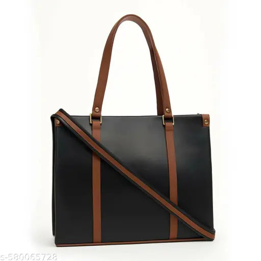 Black & Tan Structured PU Leatherette Tote Bag