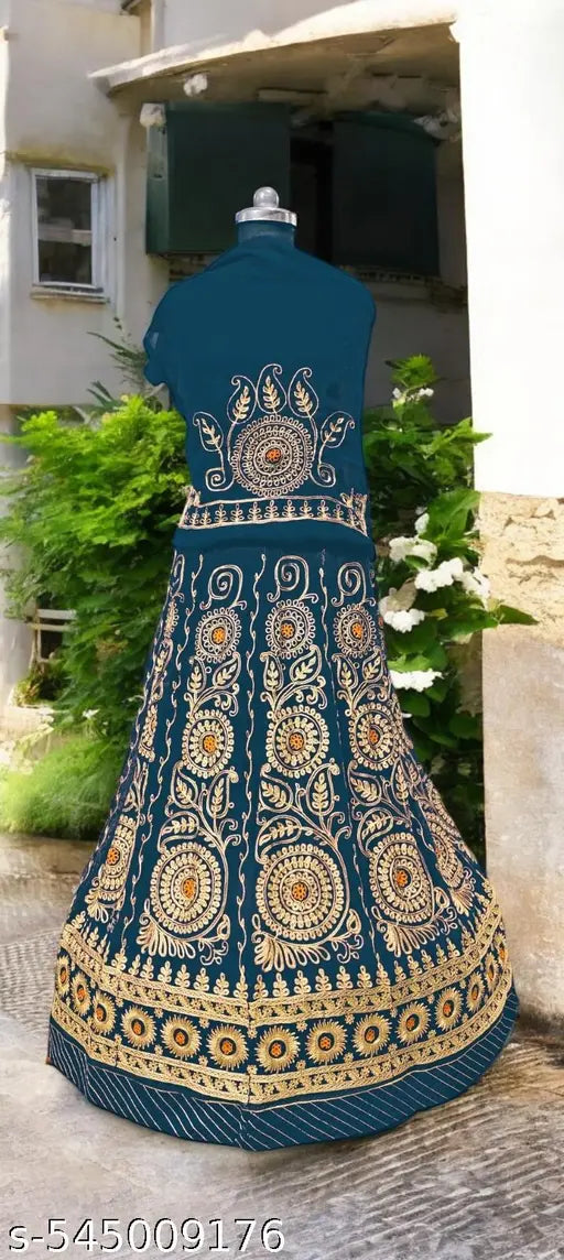 Embroidered Semi Stitched Rajasthani Poshak  (Blue)