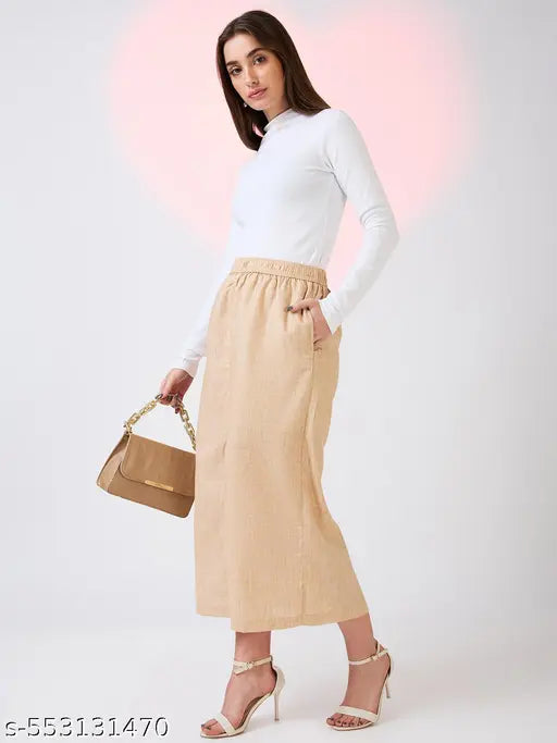 Globus Women Beige Self Design Checkered Mid Rise Side Pockets Midi Workwear Skirt