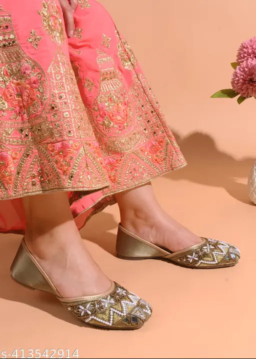JM LOOKS Stylish Juttis & Mojaris Traditional Hand Embroidered Stone Designs for Women & Girls (Green)