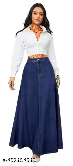 Navy Blue A-Line Full-Length Denim Skirt – Buttoned, Stylish & Comfortable 18000