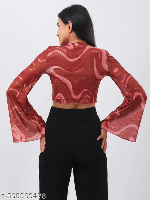 Women Abstract Printed Rust Round Neck Flared Sleeves Net Fitted Crop Top