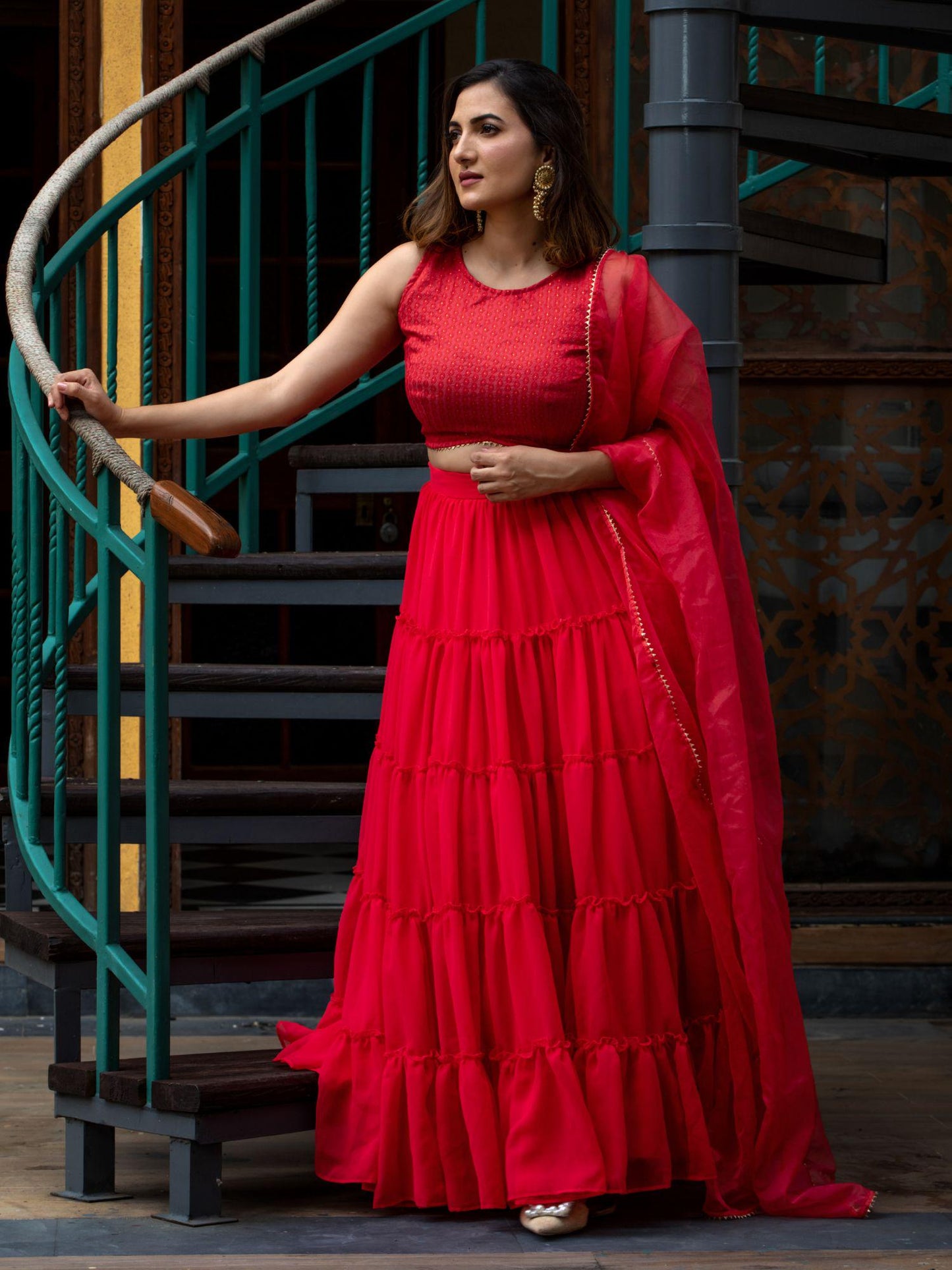 Poppies Red Tired Lehenga Set