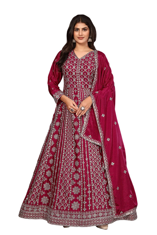 Miss Ethnik Women's Maroon Chinon Stitched Gown with Dupatta Full Sleeve Embroidered A-Line Gown (ME-1236-Maroon-M)
