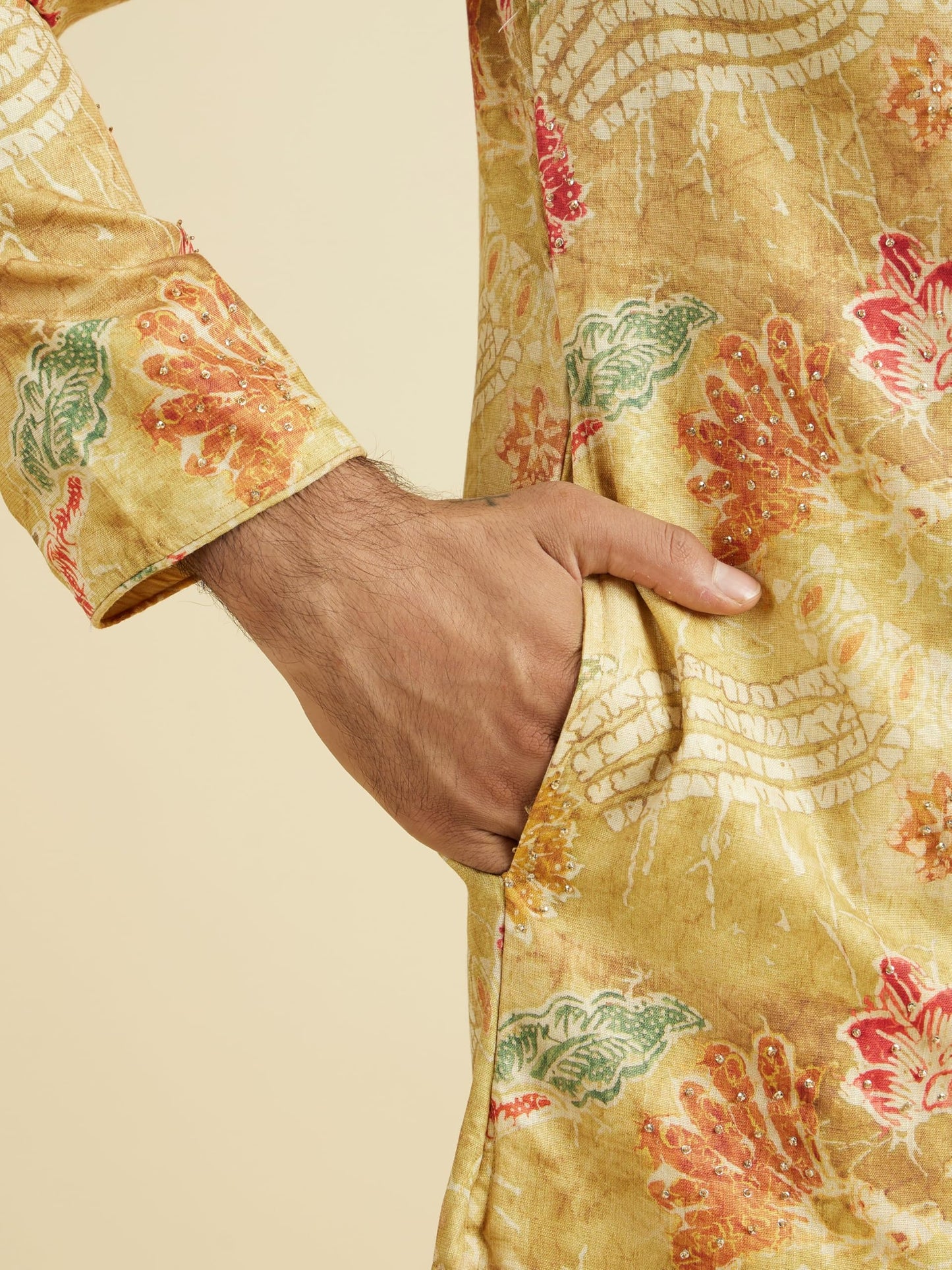 Manyavar Men's Floral Print & Stone Embellished Kurta Pyjama Set (2pcs)