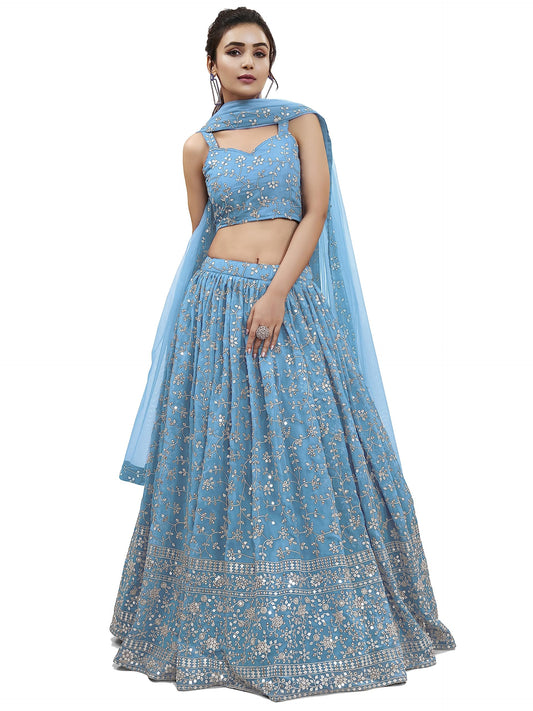 Zeel Clothing Women's Sequins Zari Embroidered Georgette Semi-stitched Lehenga Choli with Dupatta (405-SkyBlue-Wedding-Bridal-Latest-New; Free Size) (Sky Blue)