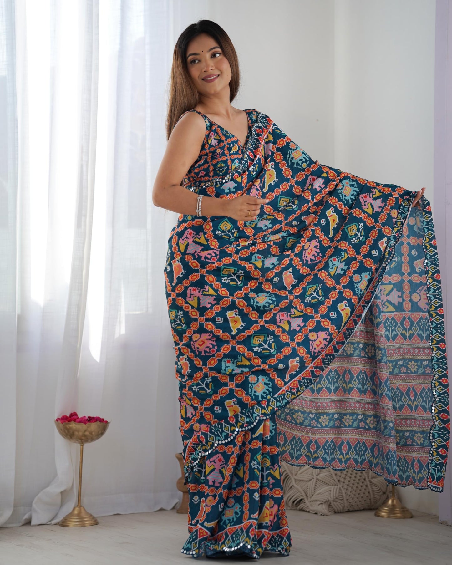 Ethnex Heavy Chinon Kutchi Work Mirror Lace Border Printed Saree With Unstitched Matching Blouse Piece (Dark Blue)