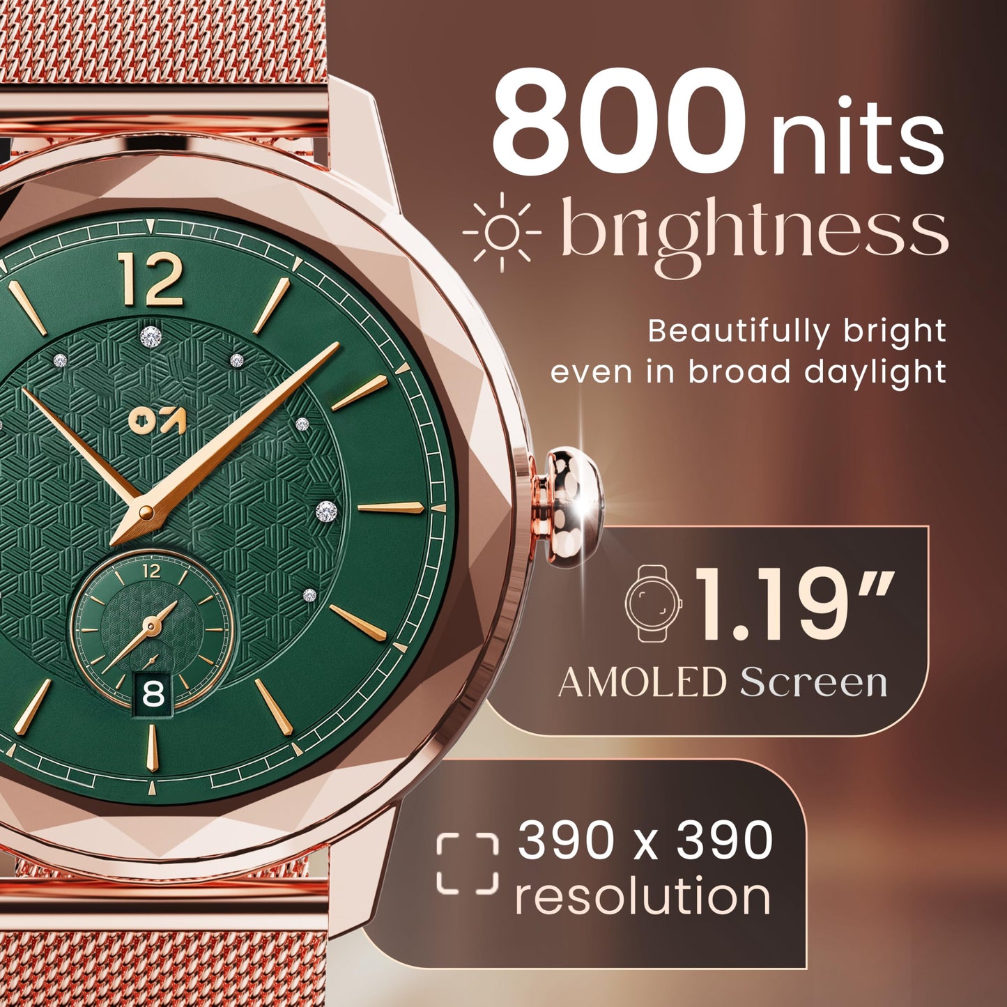 GOBOULT Newly Launched Alora Smart Watch 1.19'' AMOLED Display, BT Calling, Rotating Bezel, 150+Watchfaces, 800 Nits Brightness, AI Voice Assistant, SpO2 Monitoring, 120+ Sports Mode (Rose Gold)