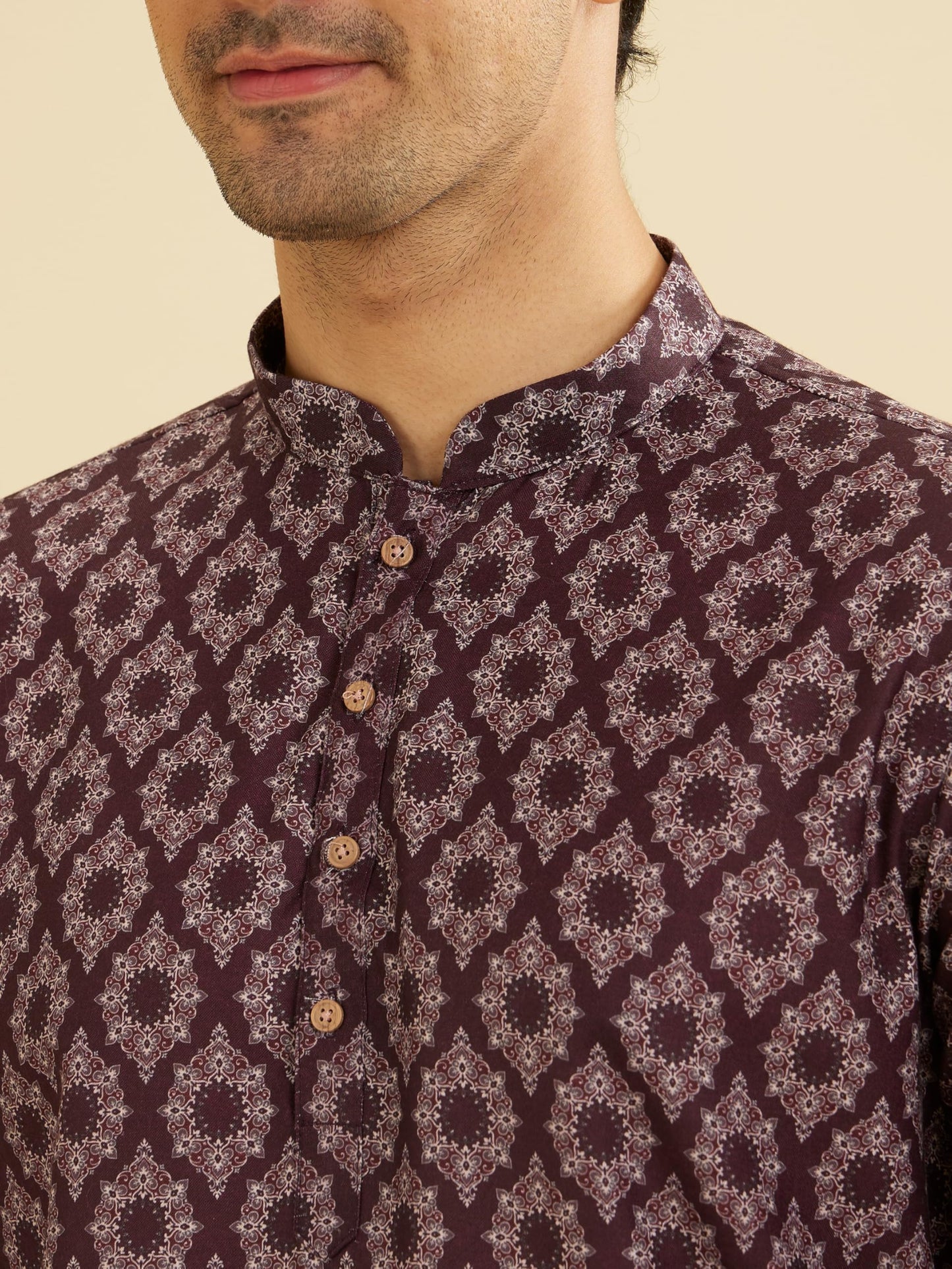 Manyavar Men's Cotton Digital Print Short Kurta (Wine,L)