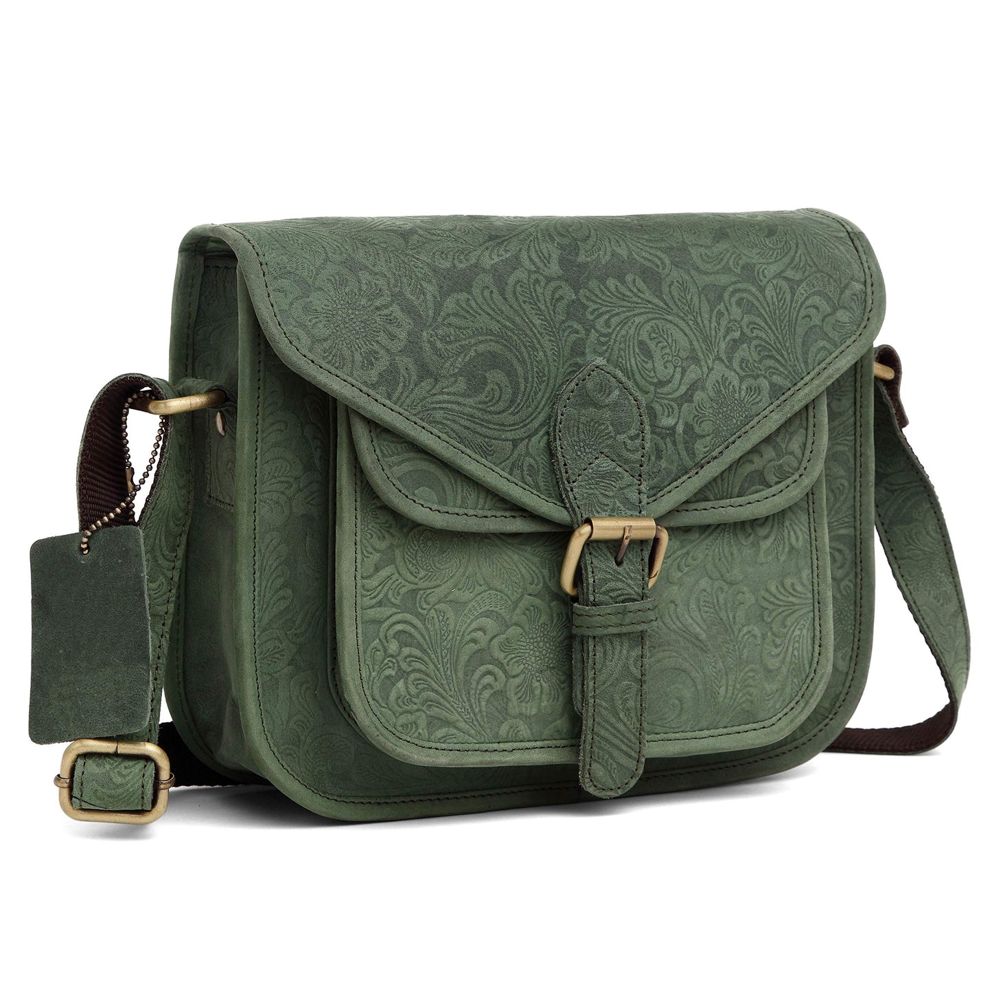 Crossbody Bags for Women-Premium Leather Vintage Fashion Purse with Adjustable Strap (Distressed Printed Green)
