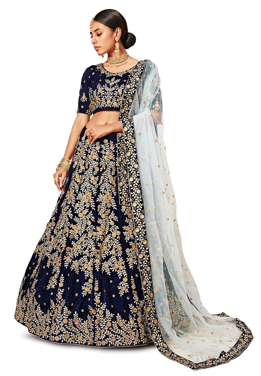 Zeel Clothing Women's Navy Blue Zari and Diamond Work Velvet Semi-Stitched Lehenga Choli (7707-Wedding-Bridal-New-Lehenga_Blue_Free Size)